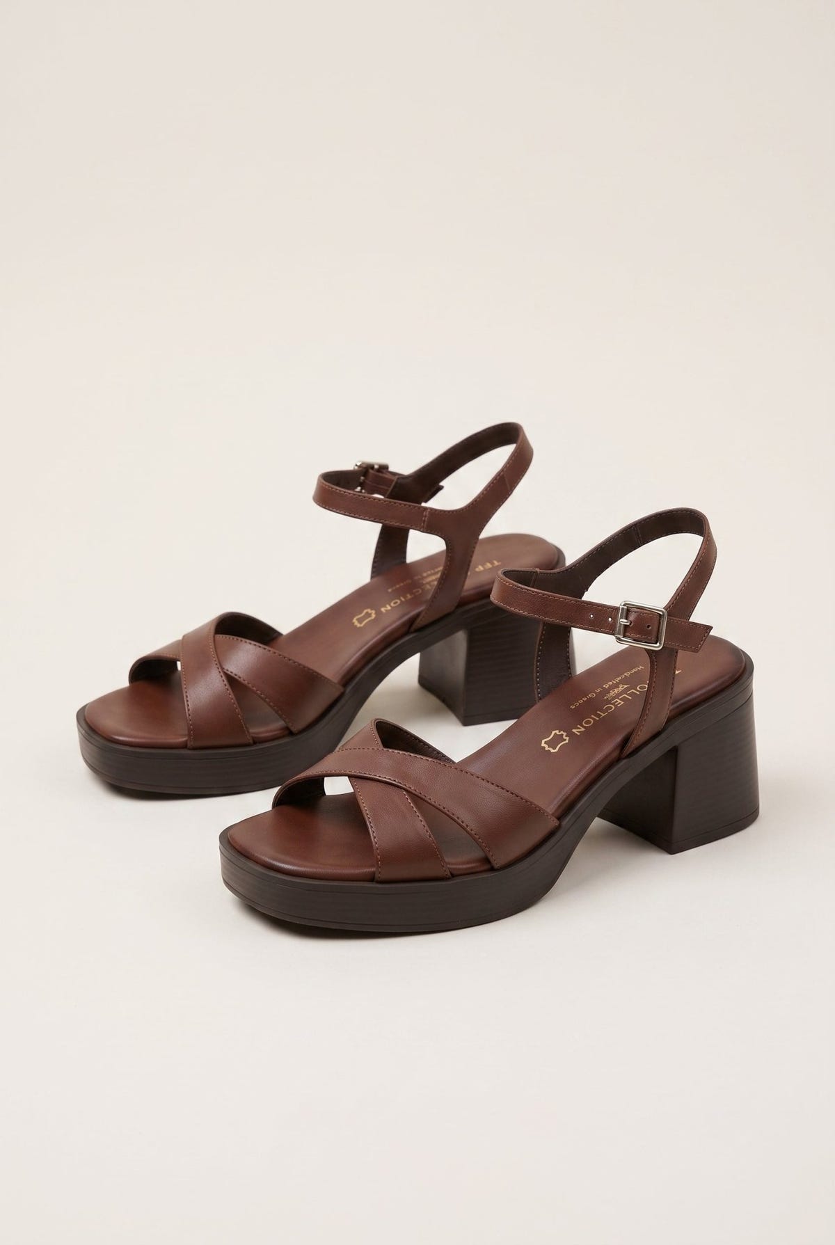 TFP - Block Heel Sandals Crossover Strap - Brown Matte