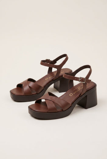 TFP - Block Heel Sandals Crossover Strap - Brown Matte