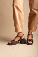 TFP - Block Heel Sandals Crossover Strap - Brown Matte