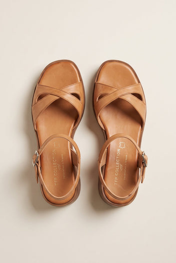 TFP - Block Heel Sandals Crossover Strap - Tan Matte