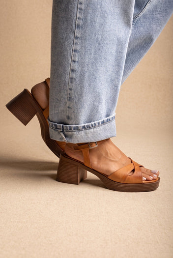 TFP - Block Heel Sandals Crossover Strap - Tan Matte