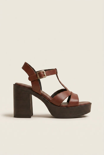 TFP - Block Heel Sandals Cut Out - Brown Matte