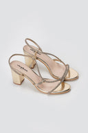 Stephan - Block Heel Sandals Rhinestone Strap - Gold Metallic