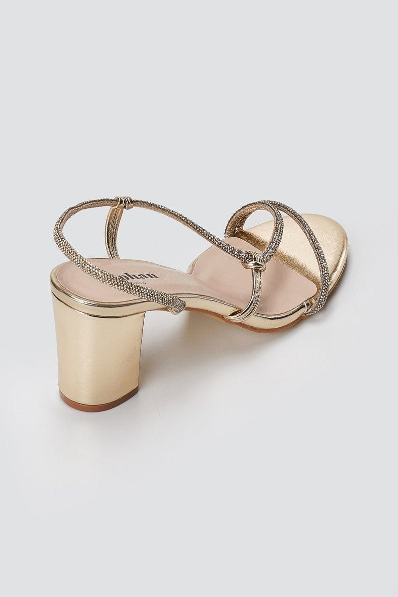Stephan - Block Heel Sandals Rhinestone Strap - Gold Metallic