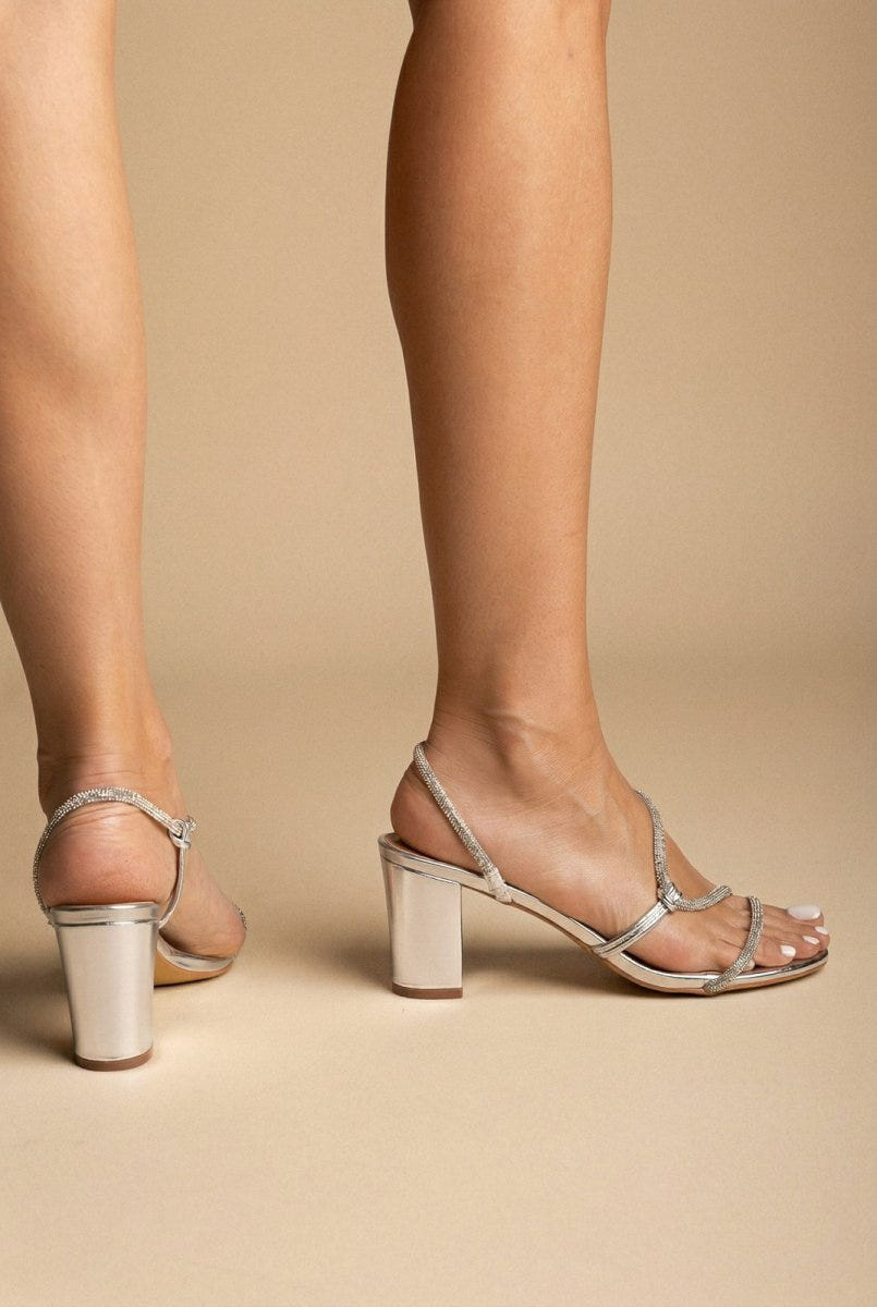 Stephan - Block Heel Sandals Rhinestone Strap - Silver Metallic