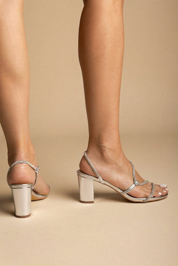 Stephan - Block Heel Sandals Rhinestone Strap - Silver Metallic