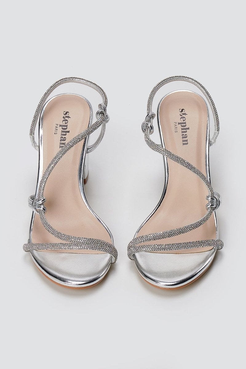 Stephan - Block Heel Sandals Rhinestone Strap - Silver Metallic