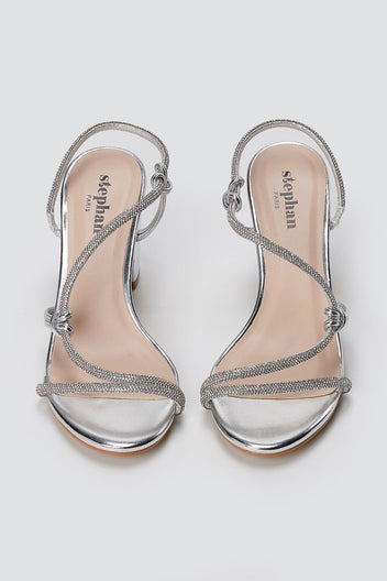 Stephan - Block Heel Sandals Rhinestone Strap - Silver Metallic
