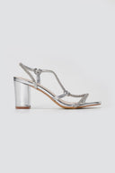 Stephan - Block Heel Sandals Rhinestone Strap - Silver Metallic
