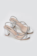 Stephan - Block Heel Sandals Rhinestone Strap - Silver Metallic