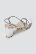 Stephan - Block Heel Sandals Rhinestone Strap - Silver Metallic