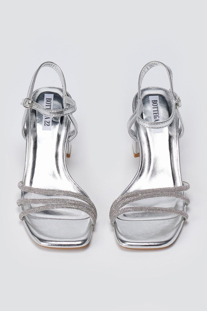 BOTEGGA 22 - Block Heel Sandals Rhinestone Straps - Silver Metallic