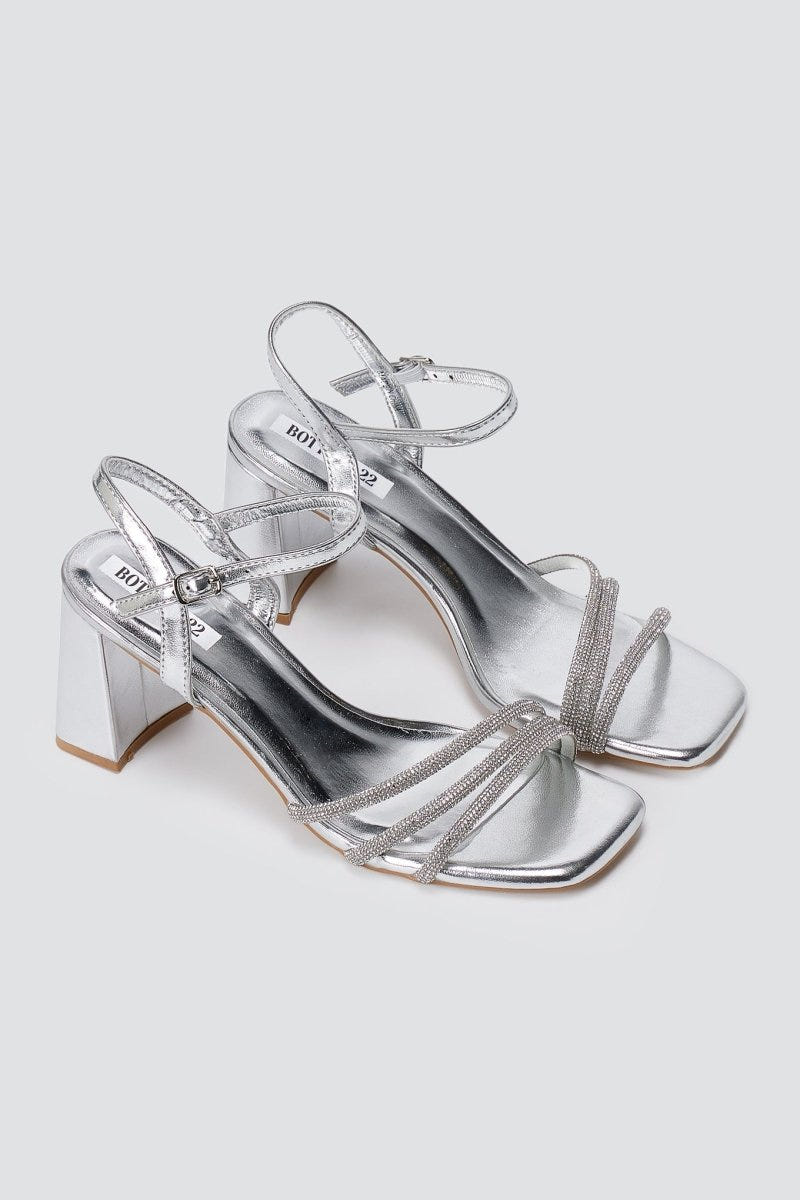 BOTEGGA 22 - Block Heel Sandals Rhinestone Straps - Silver Metallic