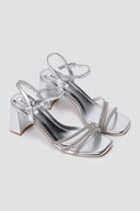 BOTEGGA 22 - Block Heel Sandals Rhinestone Straps - Silver Metallic
