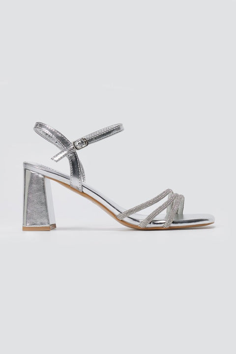 Block Heel Sandals Rhinestone Straps - Silver Metallic