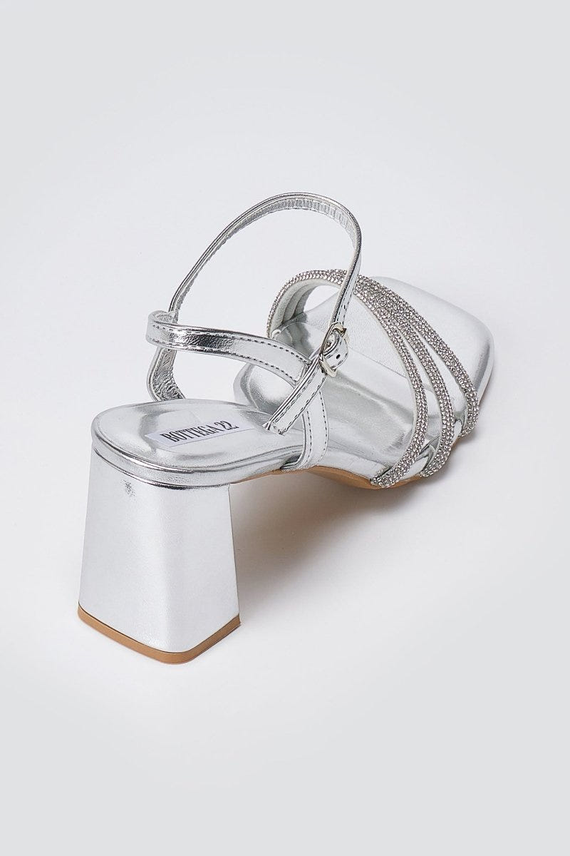 BOTEGGA 22 - Block Heel Sandals Rhinestone Straps - Silver Metallic