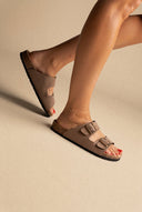 Gold Star - Bold Buckle Wide Strap Sandals - Brown Suede