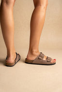 Gold Star - Bold Buckle Wide Strap Sandals - Brown Suede