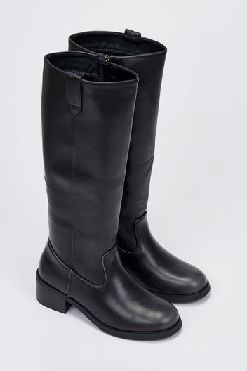 Pair of black leather knee-high boots with round toes and chunky block heels, angled view on a light grey background