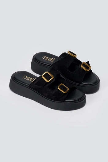 Estil - Buckle Flatform Sandals Comfort - Black Suede