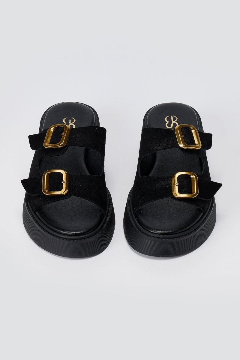 Estil - Buckle Flatform Sandals Comfort - Black Suede