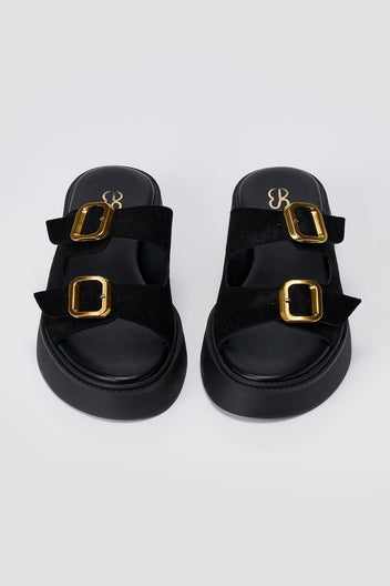 Estil - Buckle Flatform Sandals Comfort - Black Suede