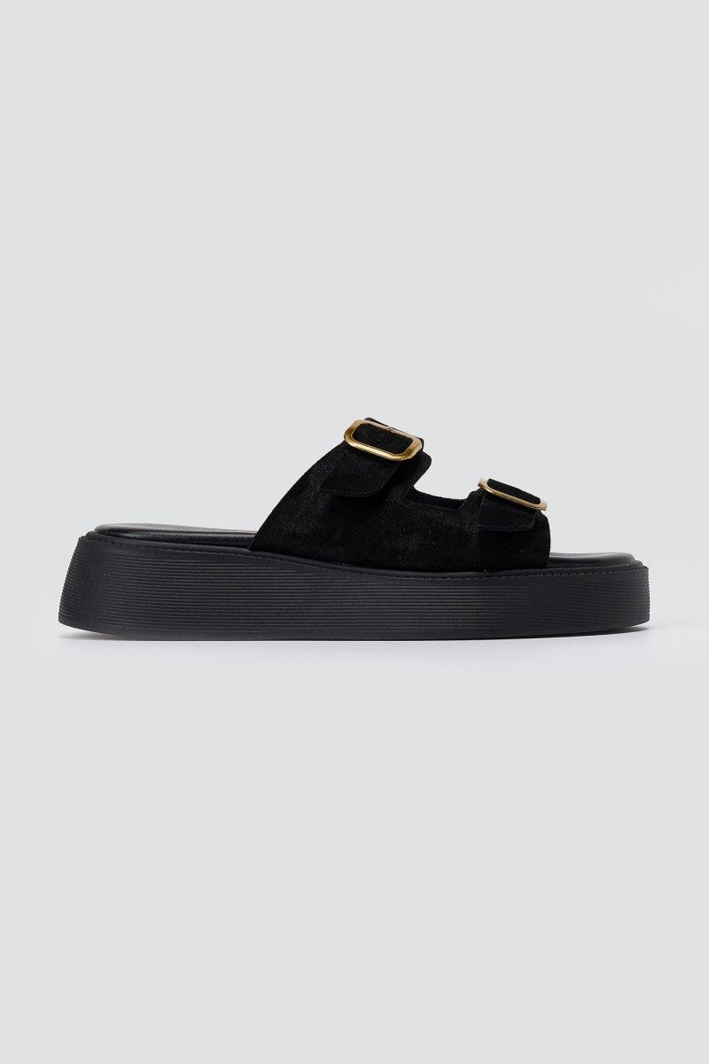 Estil - Buckle Flatform Sandals Comfort - Black Suede