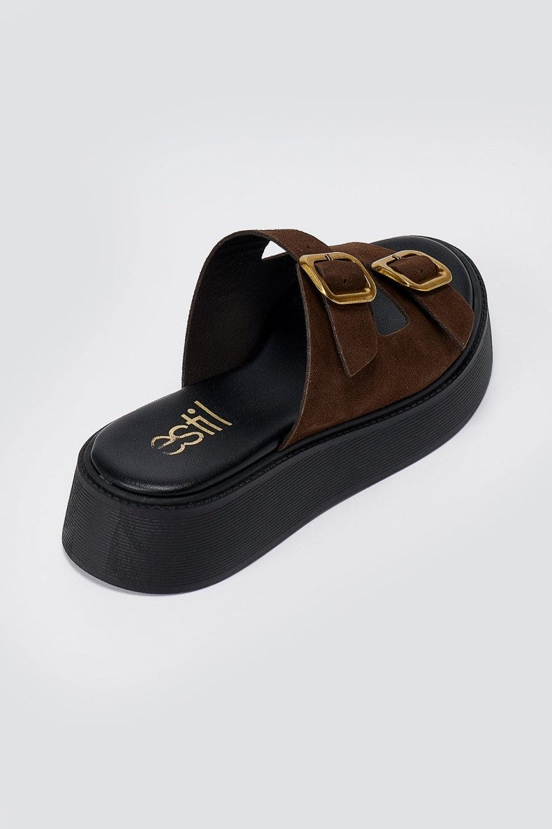 Estil - Buckle Flatform Sandals Comfort - Brown Suede