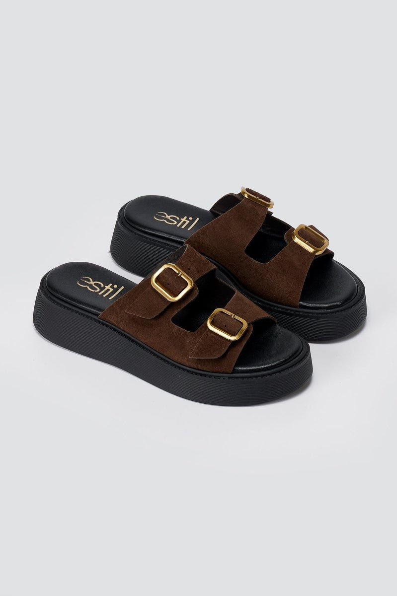 Estil - Buckle Flatform Sandals Comfort - Brown Suede