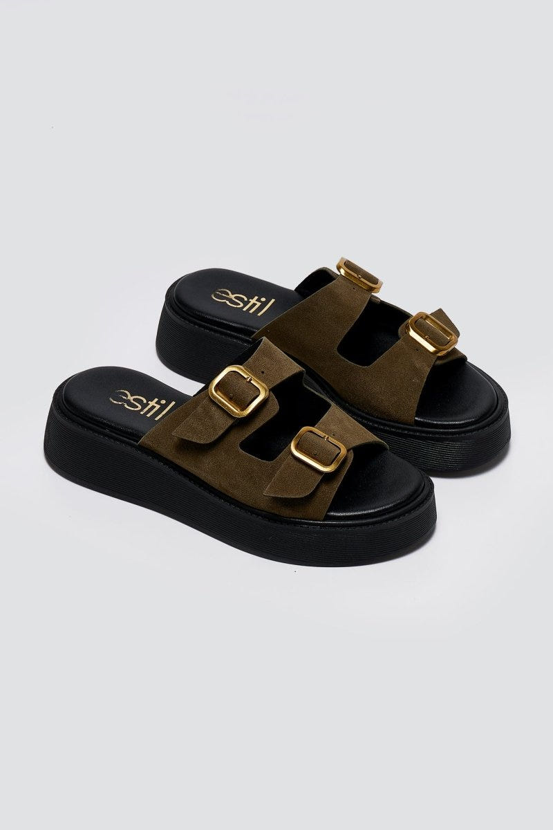 Estil - Buckle Flatform Sandals Comfort - Olive Suede