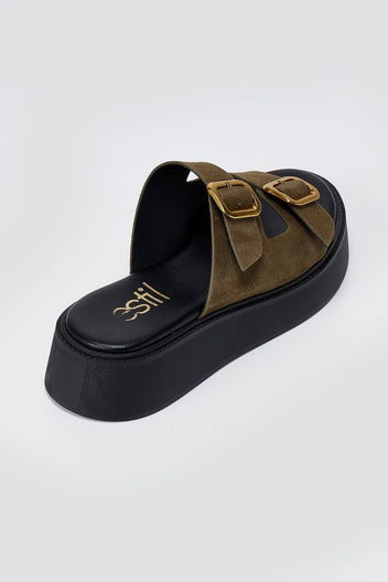 Estil - Buckle Flatform Sandals Comfort - Olive Suede