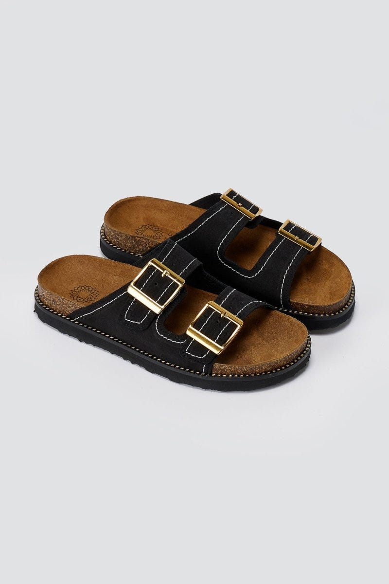 ATENEO - Buckle Sandals Anatomical Footbed - Black Suede
