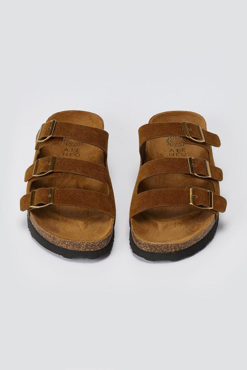 ATENEO - Buckle Sandals Anatomical Footbed - Brown Suede