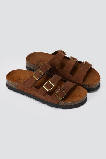ATENEO - Buckle Sandals Anatomical Footbed - Dark Brown Suede