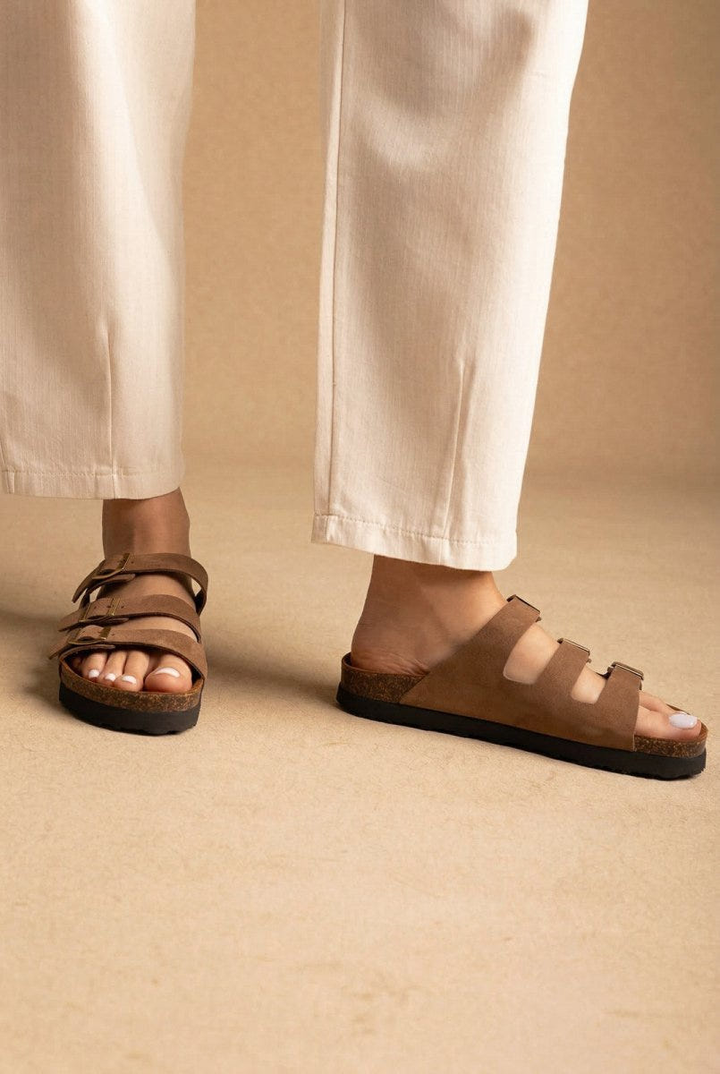 ATENEO - Buckle Sandals Anatomical Footbed - Taupe Suede