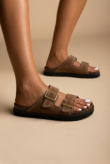 ATENEO - Buckle Sandals Anatomical Footbed - Taupe Suede