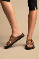 ATENEO - Buckle Sandals Anatomical Footbed - Taupe Suede