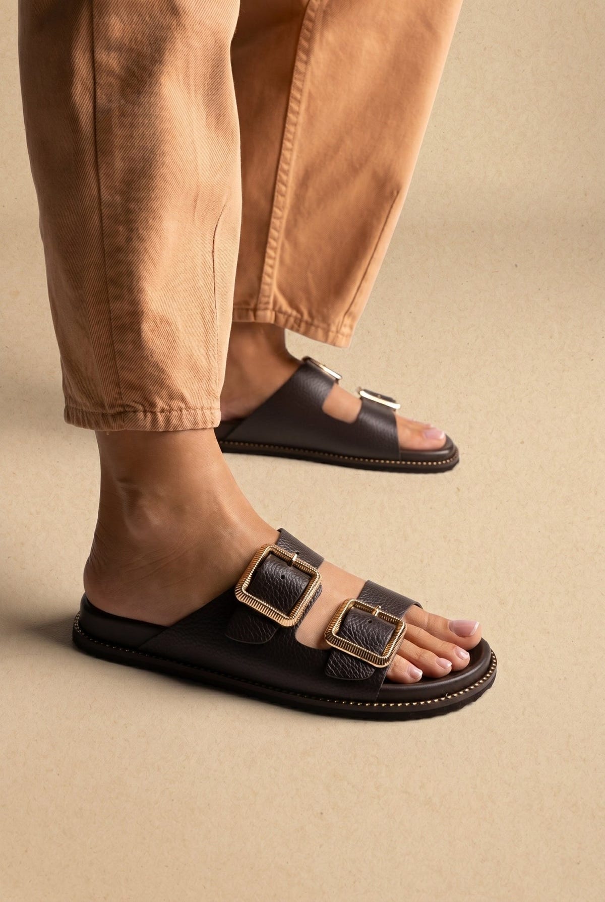 ATENEO - Buckle Sandals Lightweight Sole - Dark Brown Matte