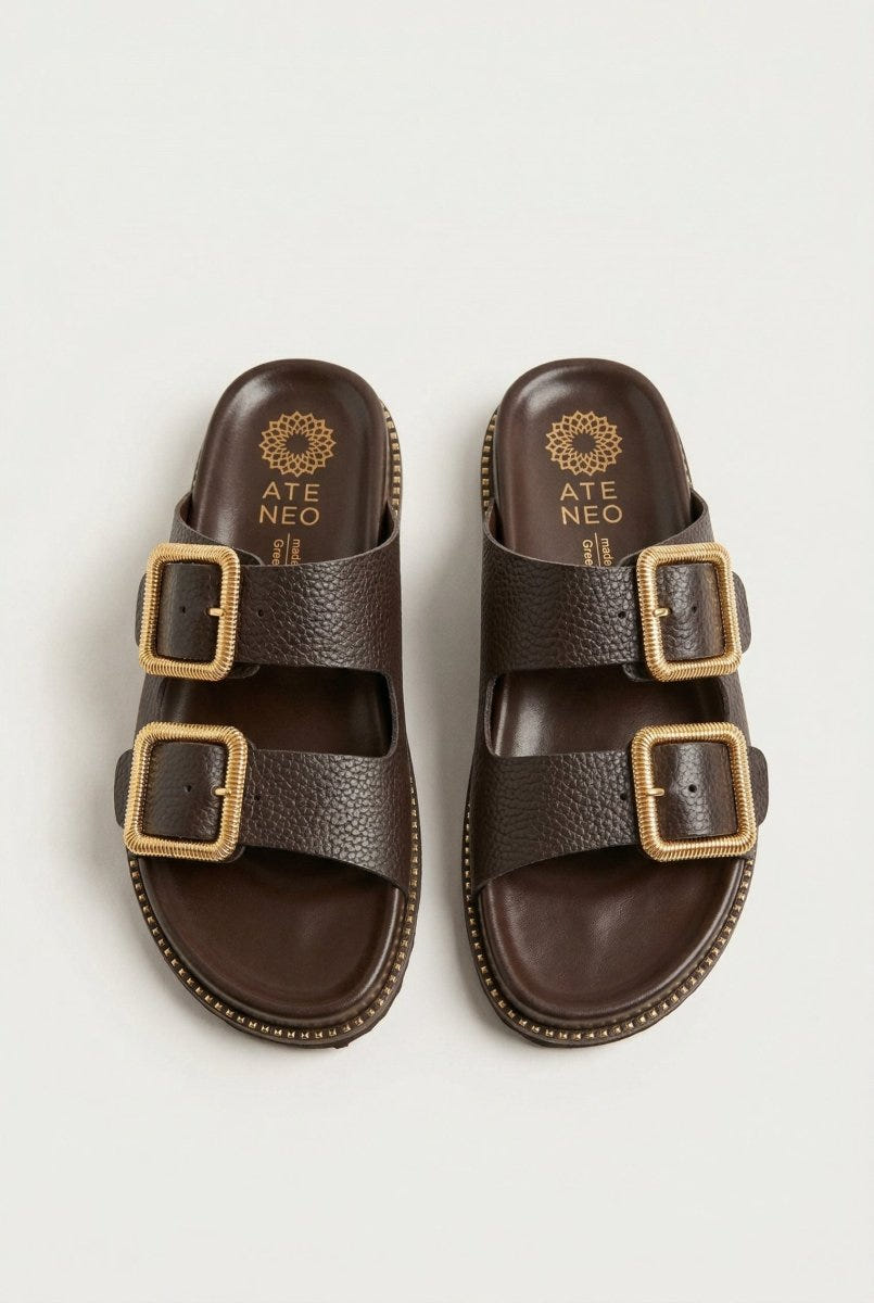 ATENEO - Buckle Sandals Lightweight Sole - Dark Brown Matte