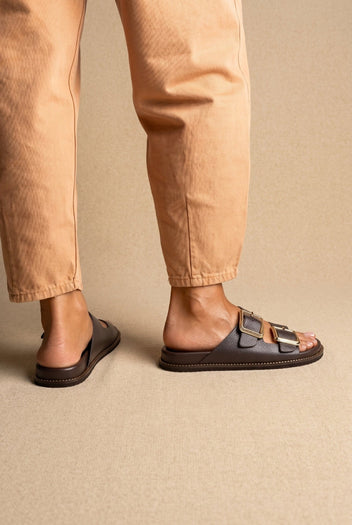 ATENEO - Buckle Sandals Lightweight Sole - Dark Brown Matte