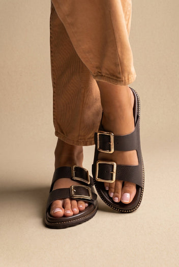 ATENEO - Buckle Sandals Lightweight Sole - Dark Brown Matte
