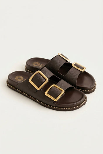 ATENEO - Buckle Sandals Lightweight Sole - Dark Brown Matte