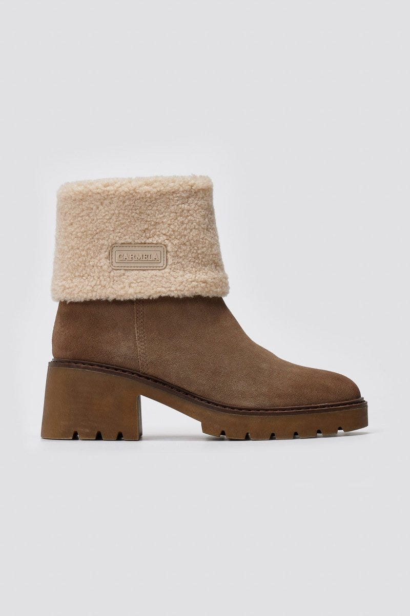 CARMELA - Suede Ankle Boots with Sherpa Cuff - Taupe Suede
