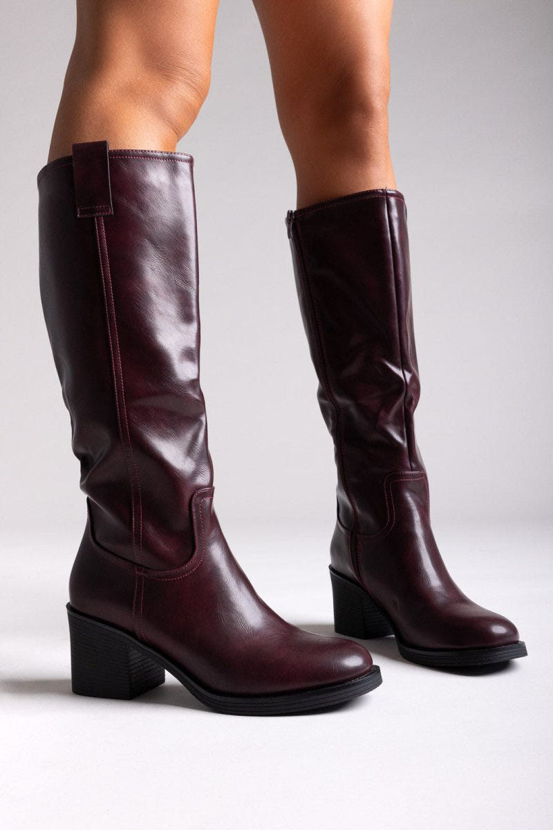 Casual Boots with Low Block Heel Zipper - Burgundy Matte - thefashionproject.gr - MARQUIIZ