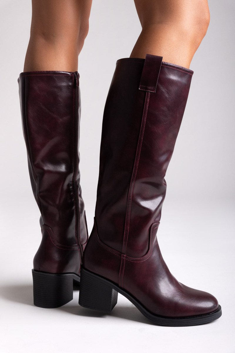 Casual Boots with Low Block Heel Zipper - Burgundy Matte - thefashionproject.gr - MARQUIIZ