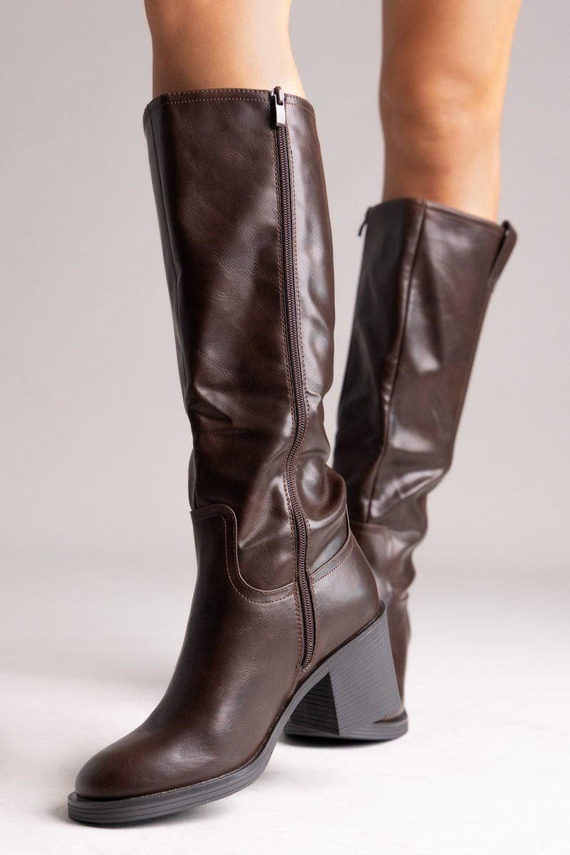 Casual Boots with Low Block Heel Zipper - Dark Brown Matte - thefashionproject.gr - MARQUIIZ