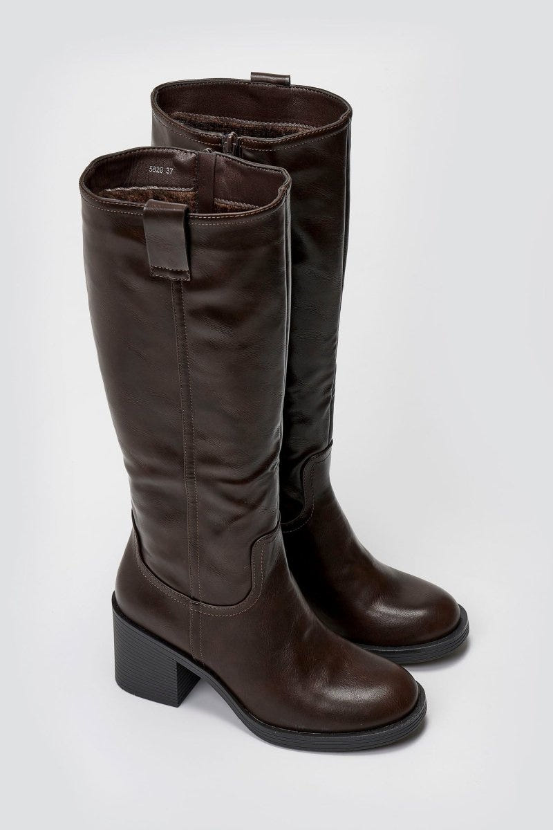 Casual Boots with Low Block Heel Zipper - Dark Brown Matte - thefashionproject.gr - MARQUIIZ