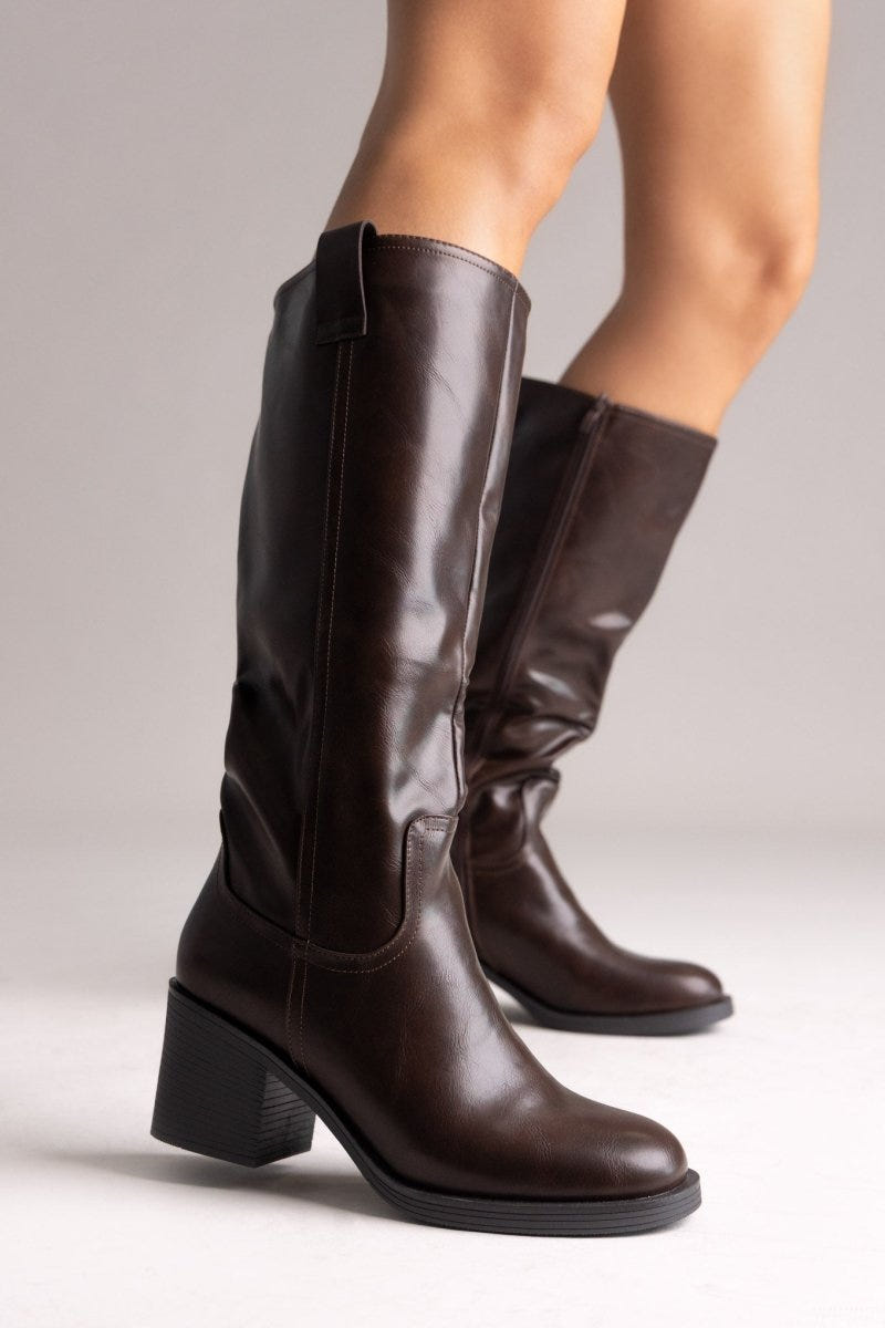 Casual Boots with Low Block Heel Zipper - Dark Brown Matte - thefashionproject.gr - MARQUIIZ