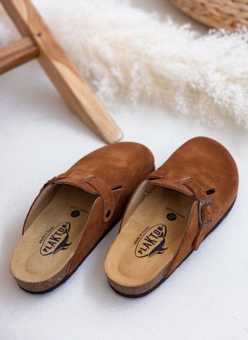 Pair of brown suede clogs with buckle strap and cork footbeds, overhead view on a light background