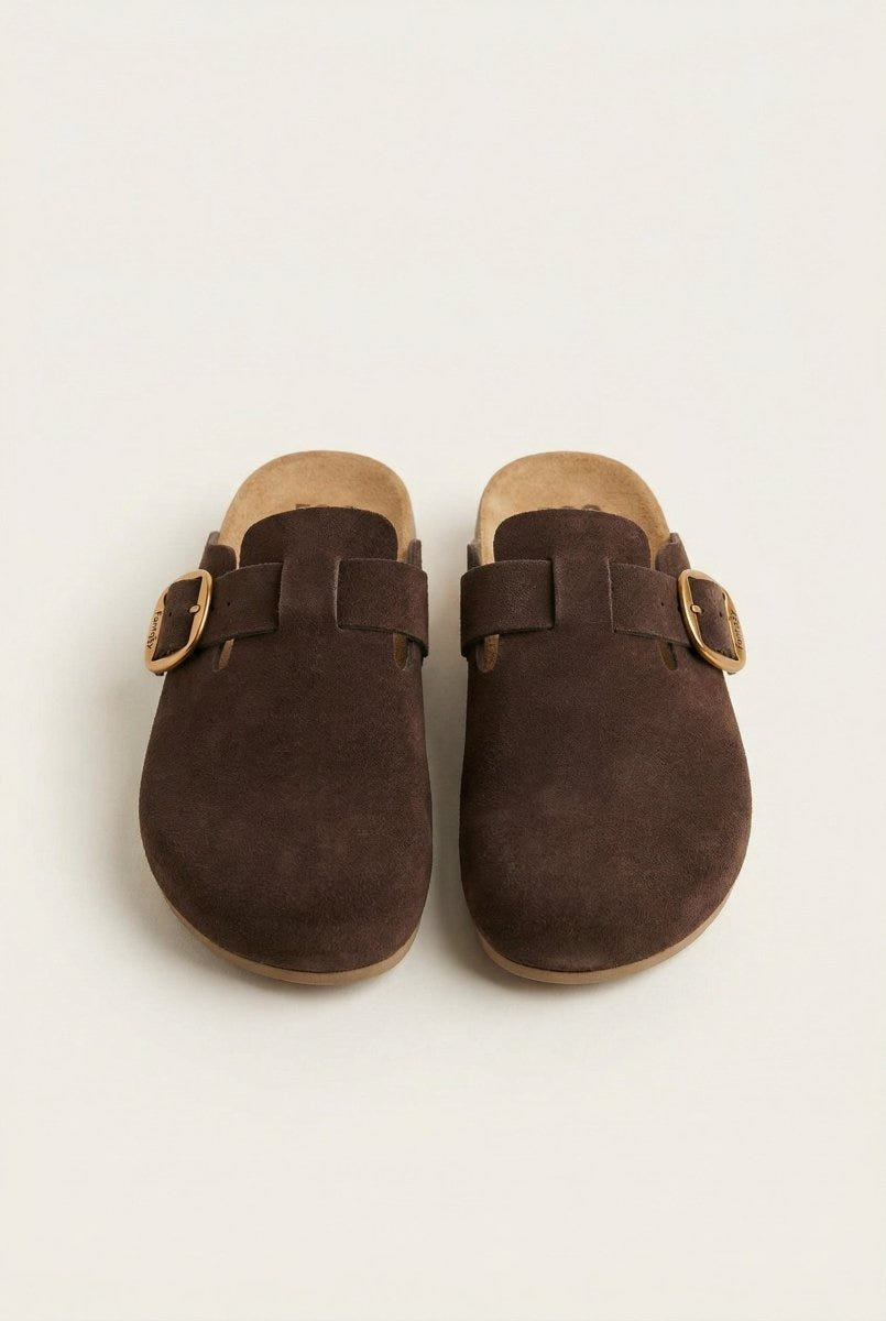 FANTASY SANDALS - Clogs Buckle Detail - Brown Suede
